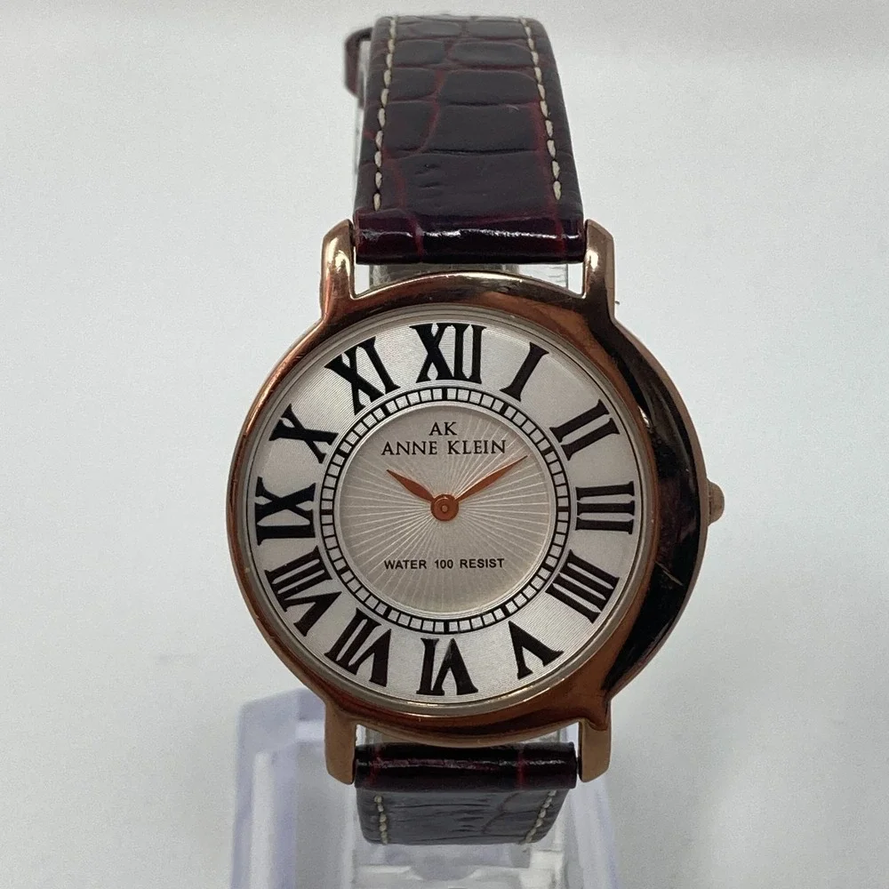 Anne Klein Womens Watch 34mm Rose Gold Tone Asymmetric Leather New Battery 7.75